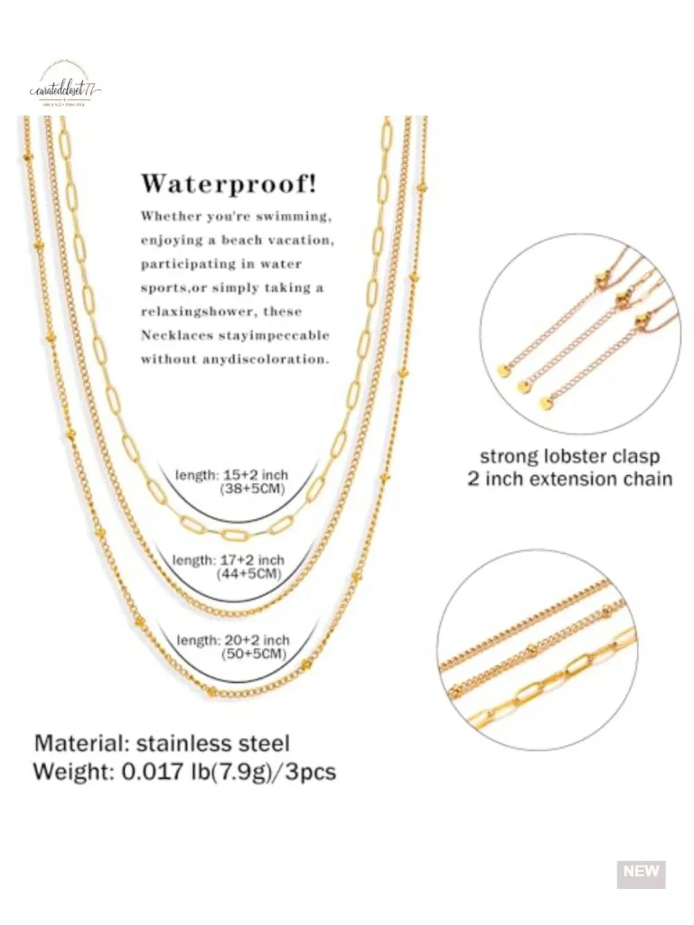 14k Gold Plated Stainless Steel Dainty Stack Thin Chain Necklace Set - Picture 3 of 6